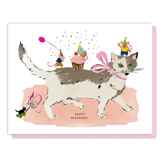 Birthday card with a cat that has small mice characters on a pink background