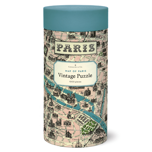  cylindrical puzzle box with Paris map design and blue lid