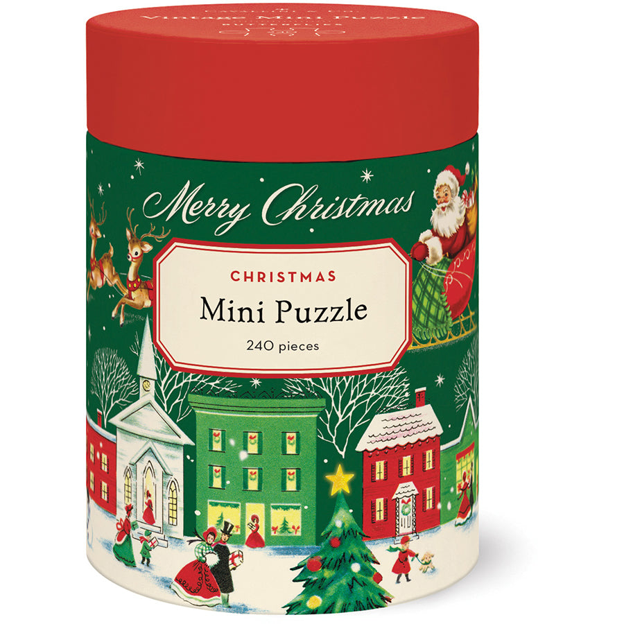 Christmas-themed mini puzzle in a decorative container with festive illustrations.