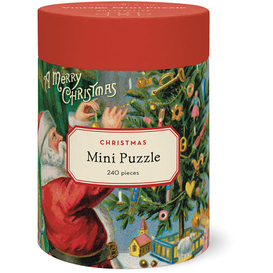 Christmas-themed mini puzzle canister with festive design and text.