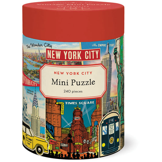 Cylindrical puzzle box with New York City-themed design on a white background