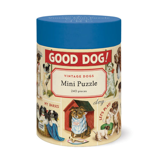 Cylindrical puzzle box featuring vintage dog illustrations. 