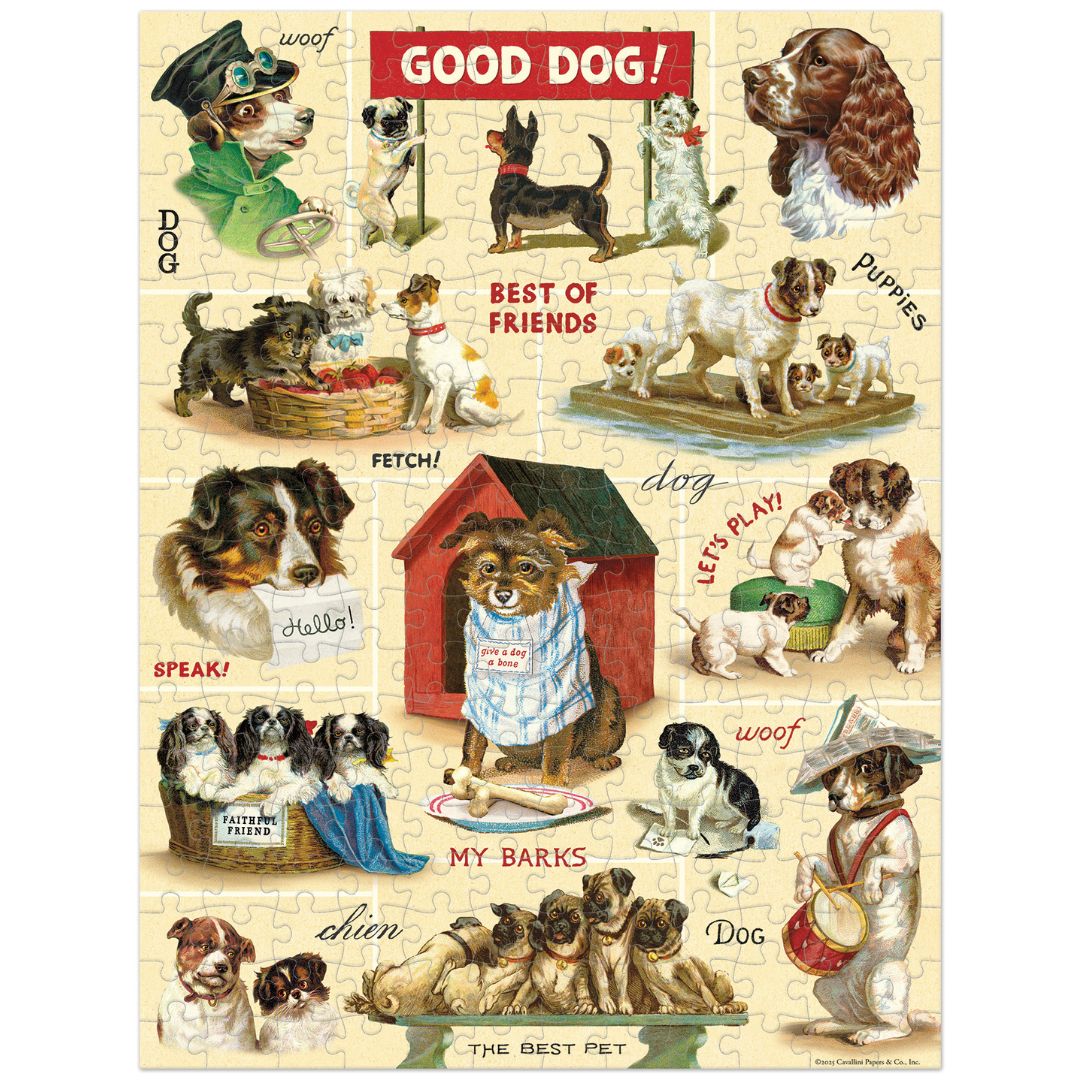 Fully assembled puzzle featuring vintage dog illustrations.