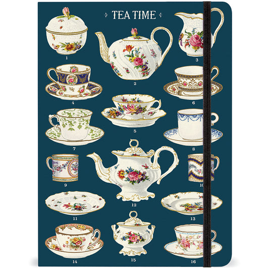 Notebook cover with floral teacups and teapots design on a dark blue background