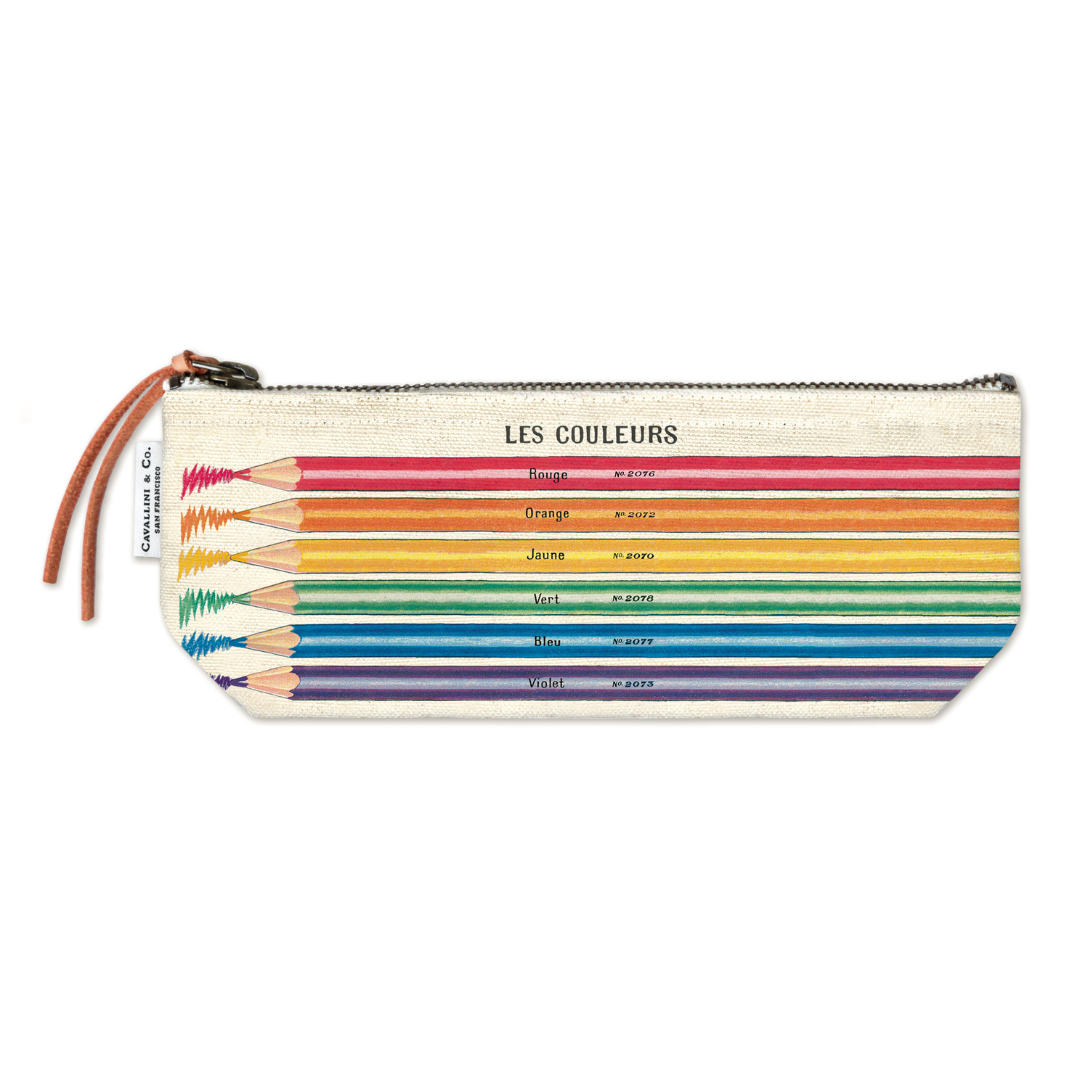 Pouch with rainbow-colored pencils and 'Les Couleurs' text on a white background