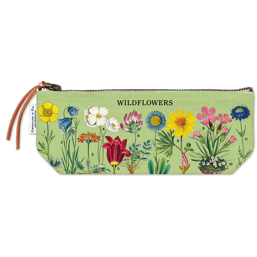 Pencil case with wildflower design on a white background