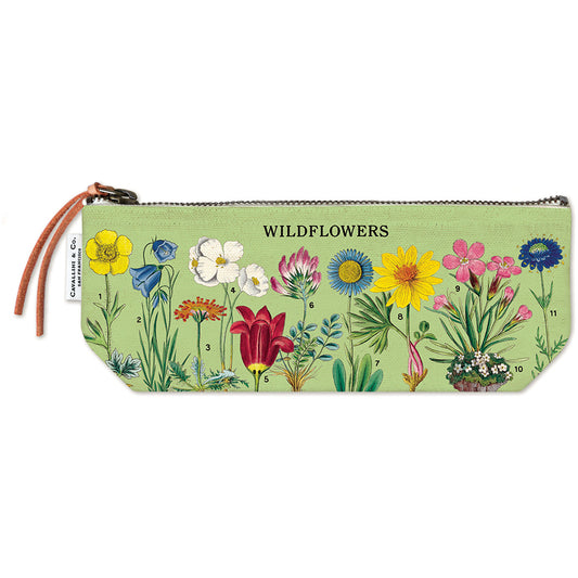 Pencil case with wildflower design on a white background