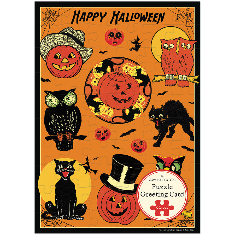A Halloween-themed jigsaw puzzle card titled 'Happy Halloween' with illustrated pumpkins, owls, a black cat, bats, spiders, and a moon on an orange background. A circular label at the lower right reads 'Collins & Co Puzzle Greeting Card 60 pieces.