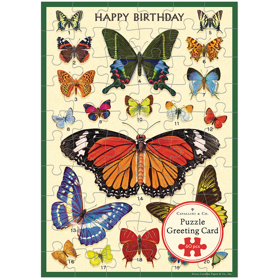 Cavallini Puzzle Greeting Card Happy Birthday with Butterflies Graphic