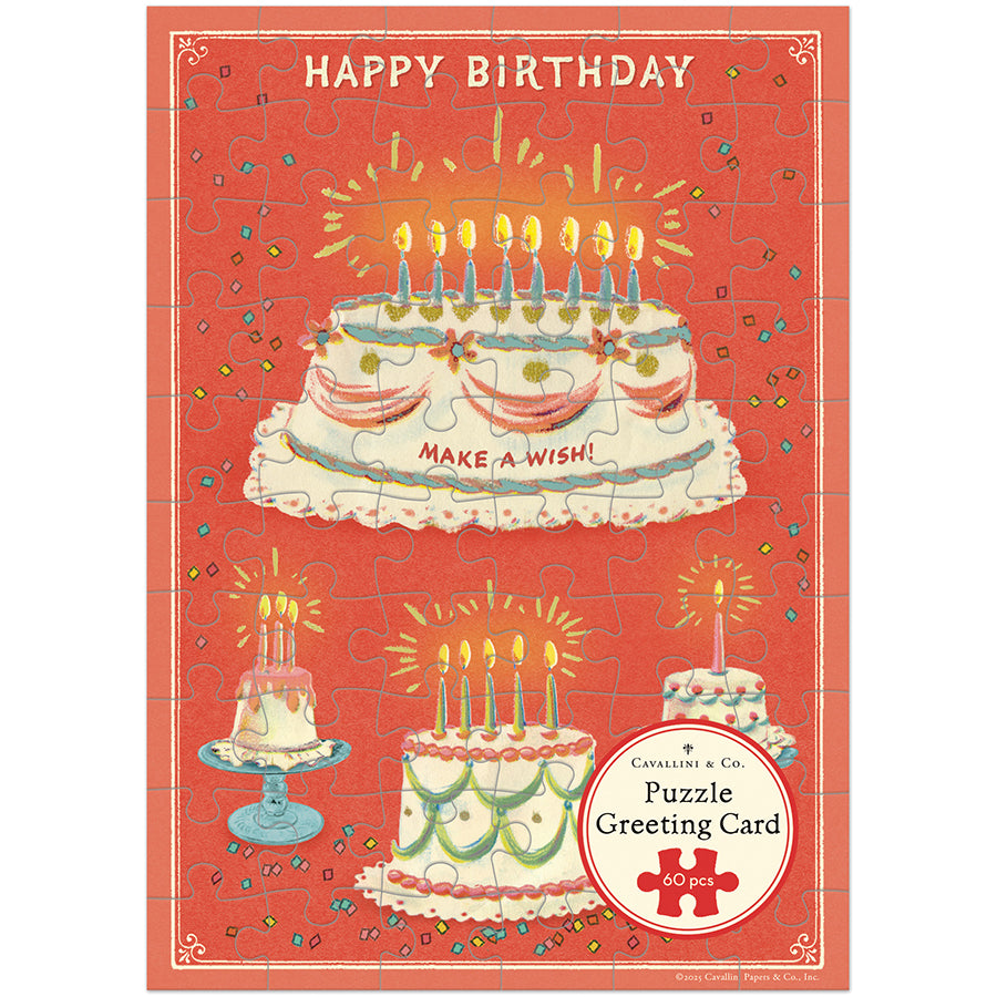 Cavallini Puzzle Greeting Card with Happy Birthday Cake graphic
