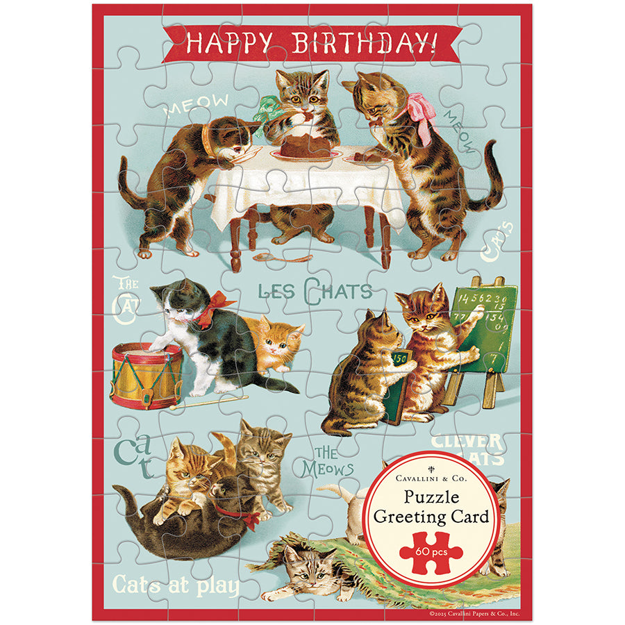Cavallini Puzzle Greeting Card Happy Birthday Cat Party