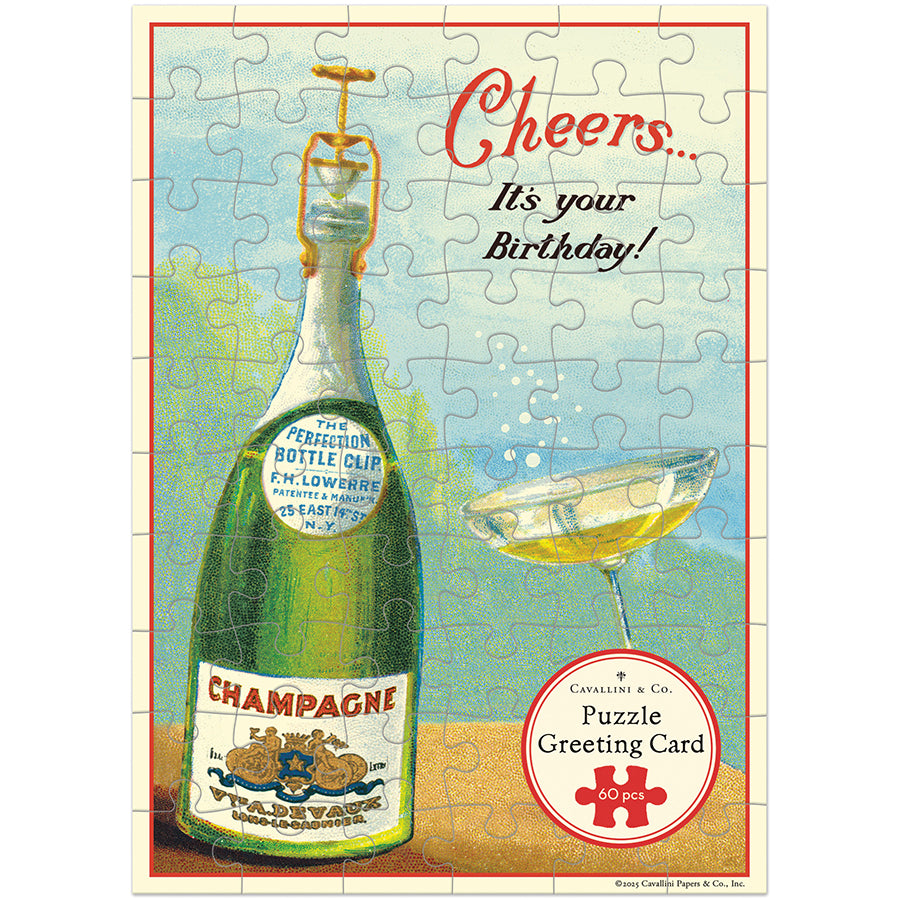 Cavallini Puzzle Greeting Card with Champagne Graphic Happy Birthday