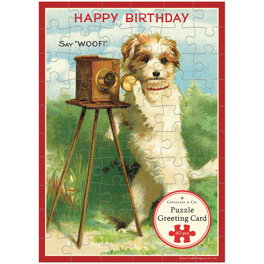 Cavallini Puzzle Greeting Card Happy Birthday with Dog Graphic
