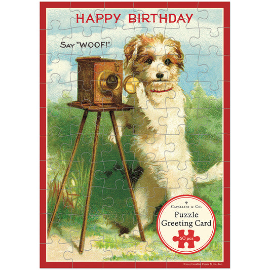 Cavallini Puzzle Greeting Card Happy Birthday with Dog Graphic