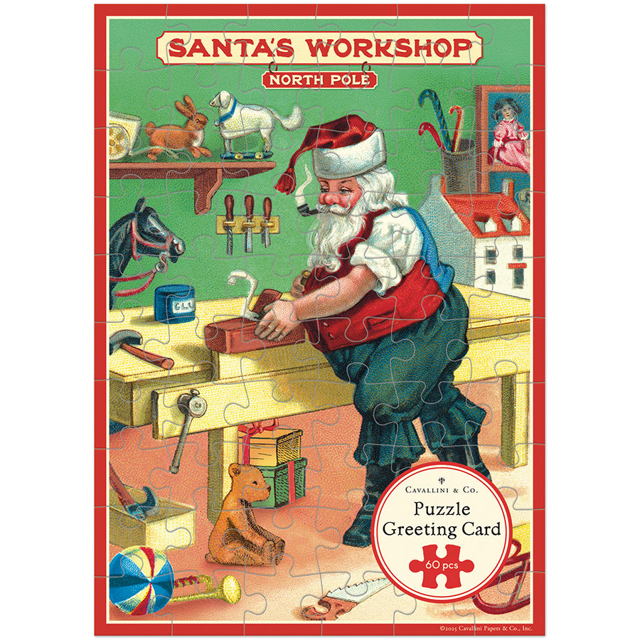 Cavallini Puzzle Greeting Card with Santas Workshop Graphic