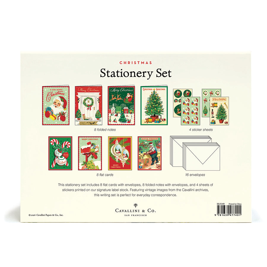 Back of a Cavallini & Co. Christmas Stationery Set package, showing illustrated sample cards, notes, sticker sheets, and envelopes on a cream background with product text and a barcode.