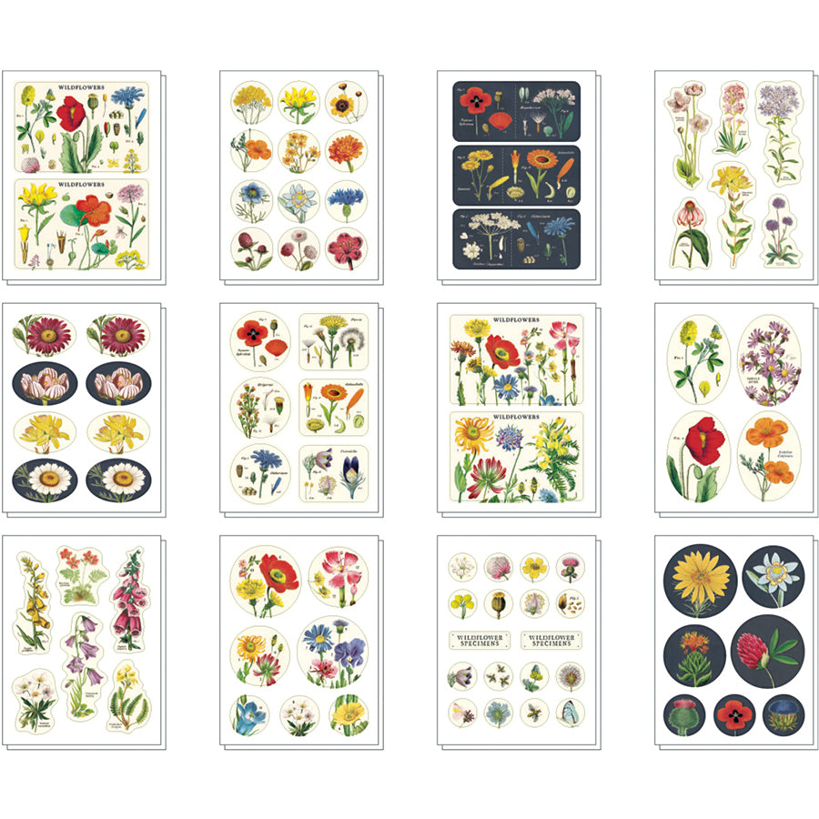 Collection of various floral designs on small cards or stickers.