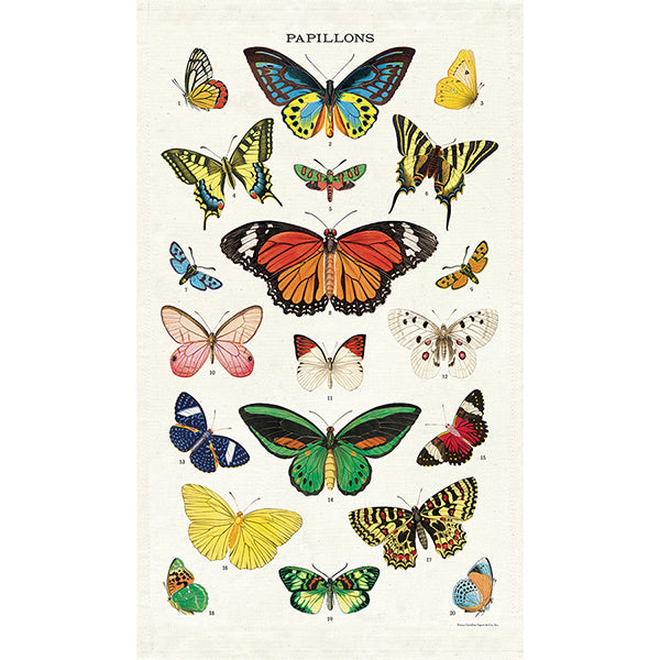 Illustration of various butterflies on a beige tea towel with 'Papillons' text at the top.
