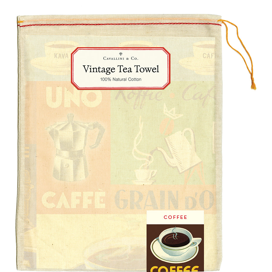 Vintage-themed tea towel with coffee graphics and text in a drawstring bag.