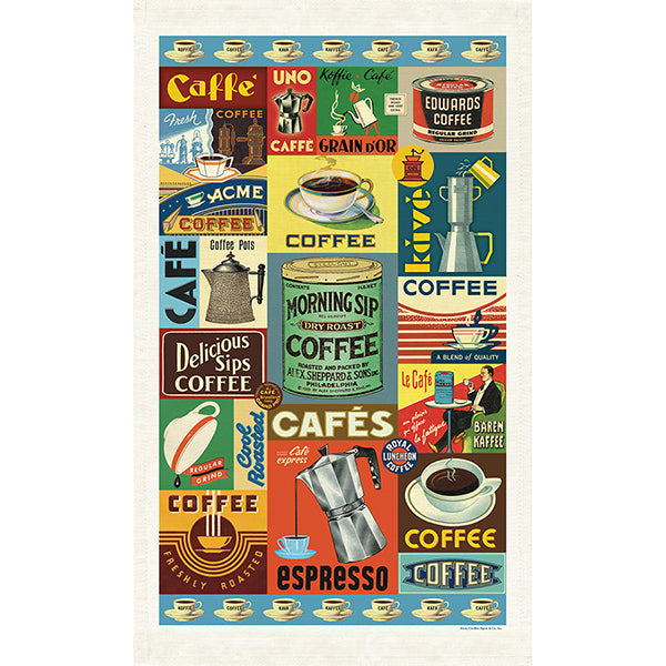 Collection of vintage coffee-themed inages on a tea towel with a white background