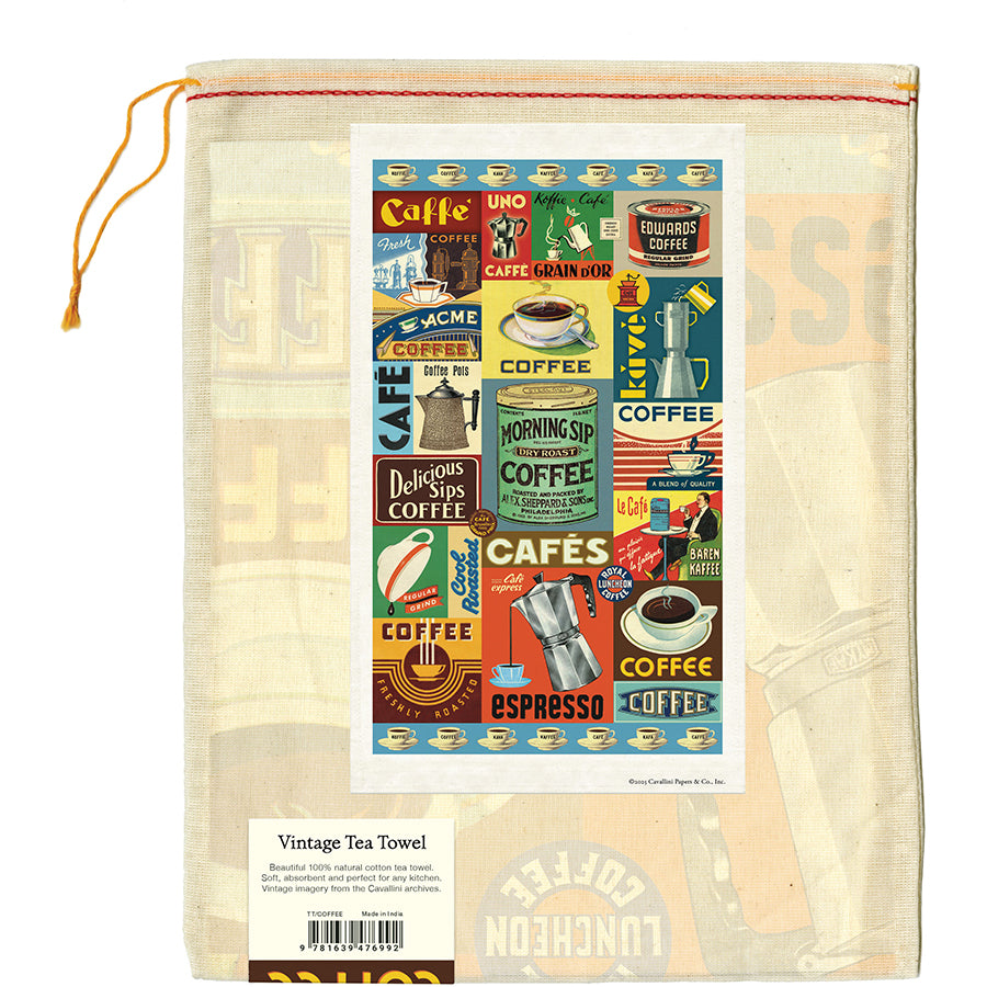 Vintage-style coffee-themed tea towel with colorful graphics on a beige drawstring bag.