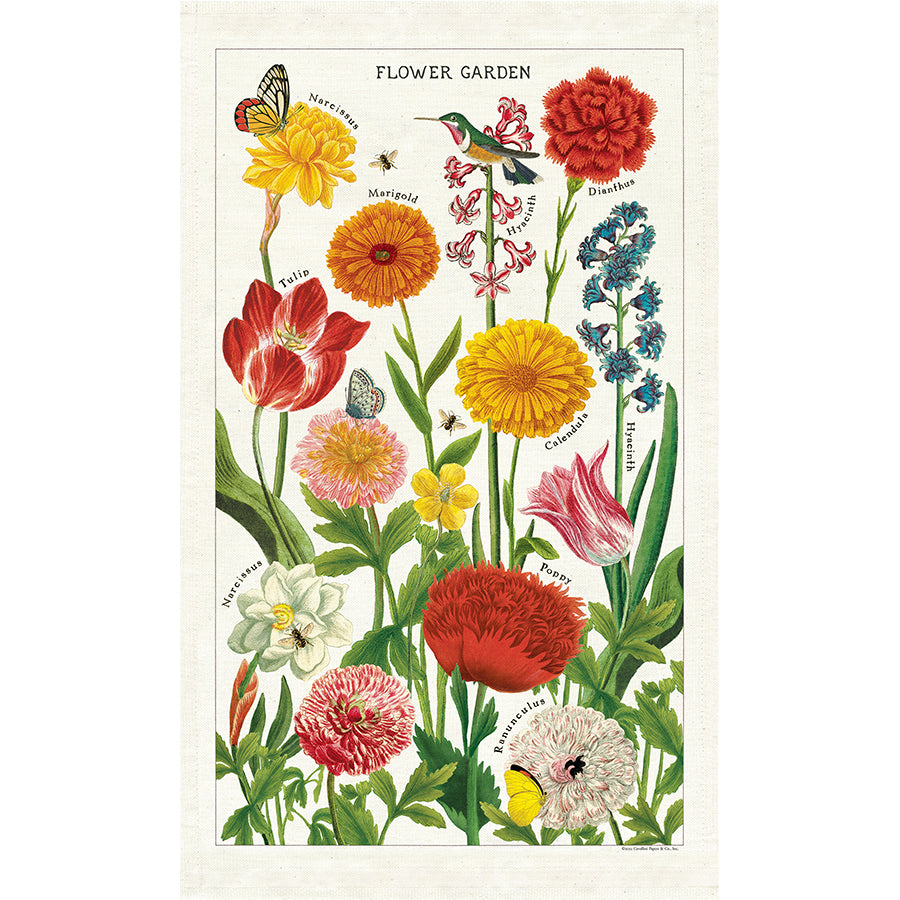 Tea Towel with an Illustration of a flower garden with various flowers and insects on a white background