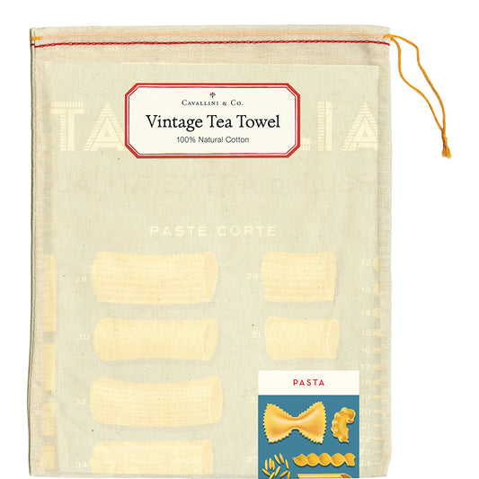 Vintage tea towel with pasta illustrations and Cavallini & Co. branding.