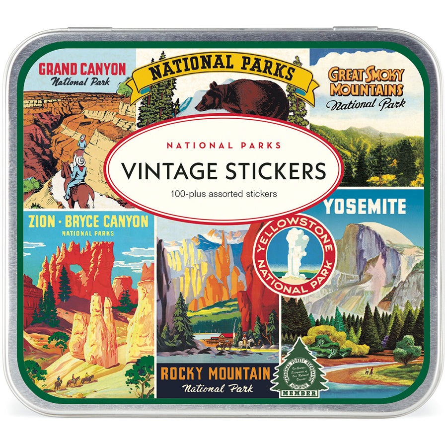 A square tin of National Parks Vintage Stickers, featuring a colorful collage of various illustrated stickers from Grand Canyon, Yellowstone, Yosemite, Zion, Bryce Canyon, and Rocky Mountain National Parks.