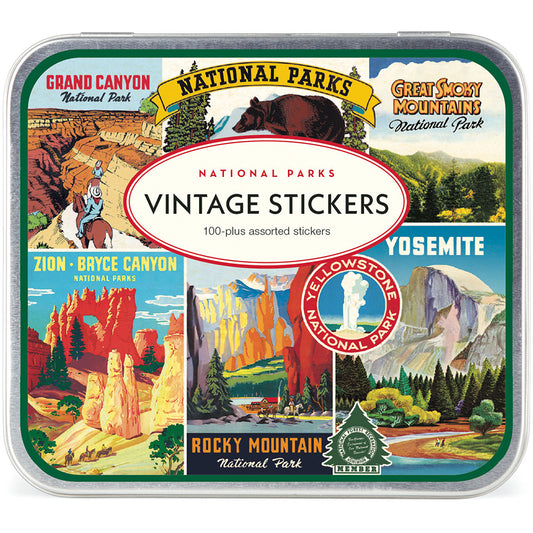A square tin of National Parks Vintage Stickers, featuring a colorful collage of various illustrated stickers from Grand Canyon, Yellowstone, Yosemite, Zion, Bryce Canyon, and Rocky Mountain National Parks.