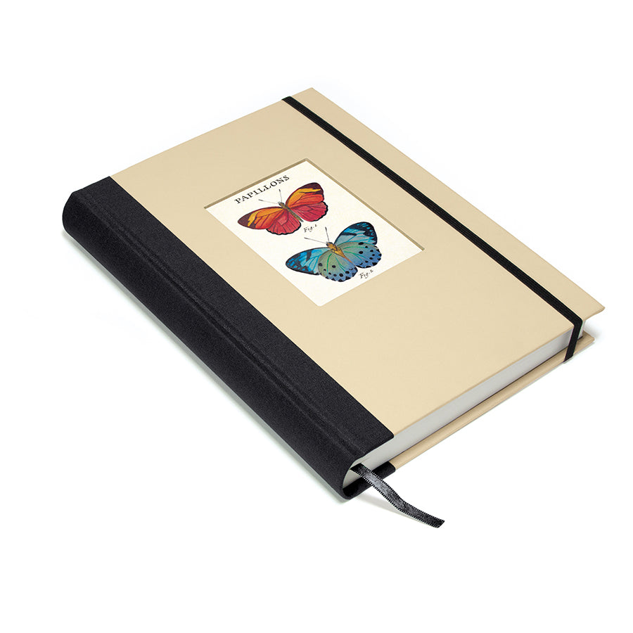 Beige notebook with black binding featuring illustrations of butterflies on a white background