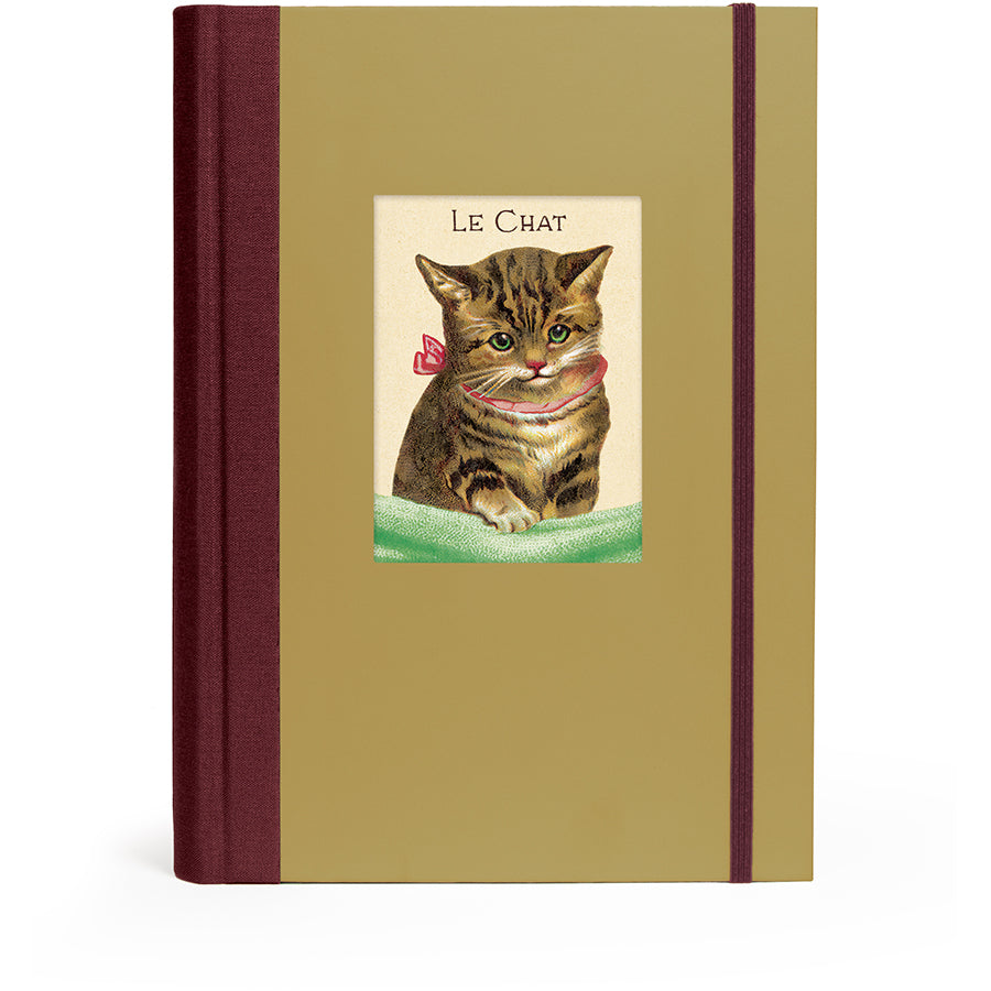 Notebook with a cat illustration and 'Le Chat' text on a beige cover with maroon binding.