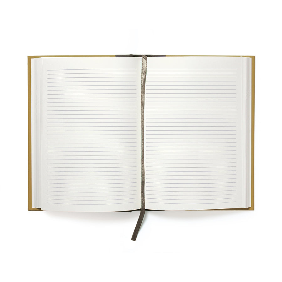 Open notebook with lined pages on a white background