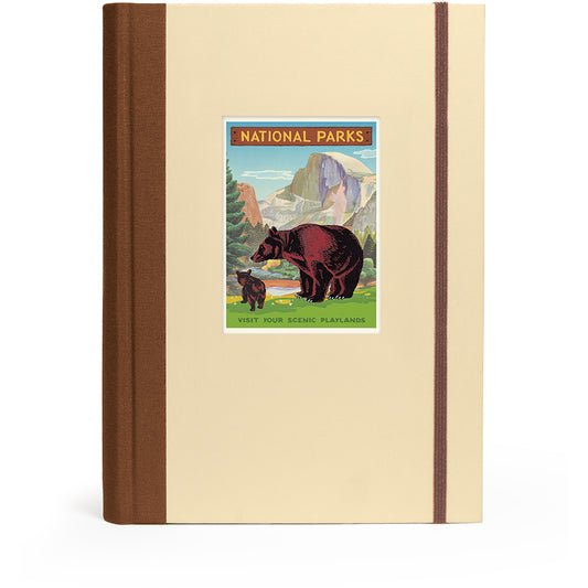 Notebook with bear illustration and 'National Parks' text on a beige cover with brown spine.