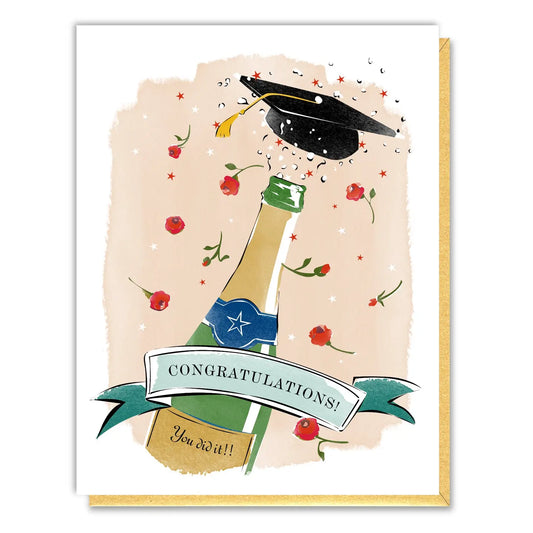 Graduation-themed greeting card with champagne bottle and cap, featuring 'Congratulations! You did it!!' text.