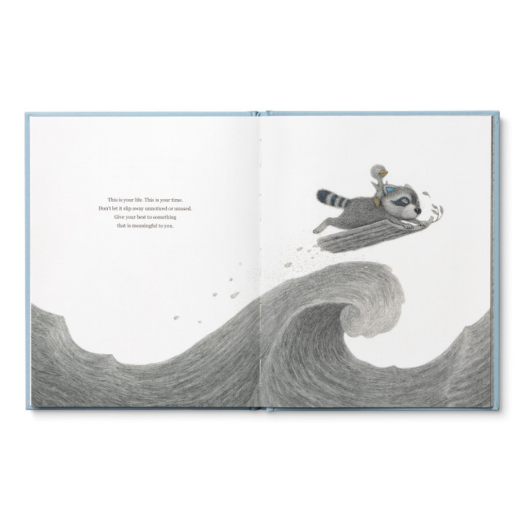 Page from Chasing Dreams- the raccoon rides a big ocean wave on a makeshift wave board made from branches, a tiny duckling rides along on their back