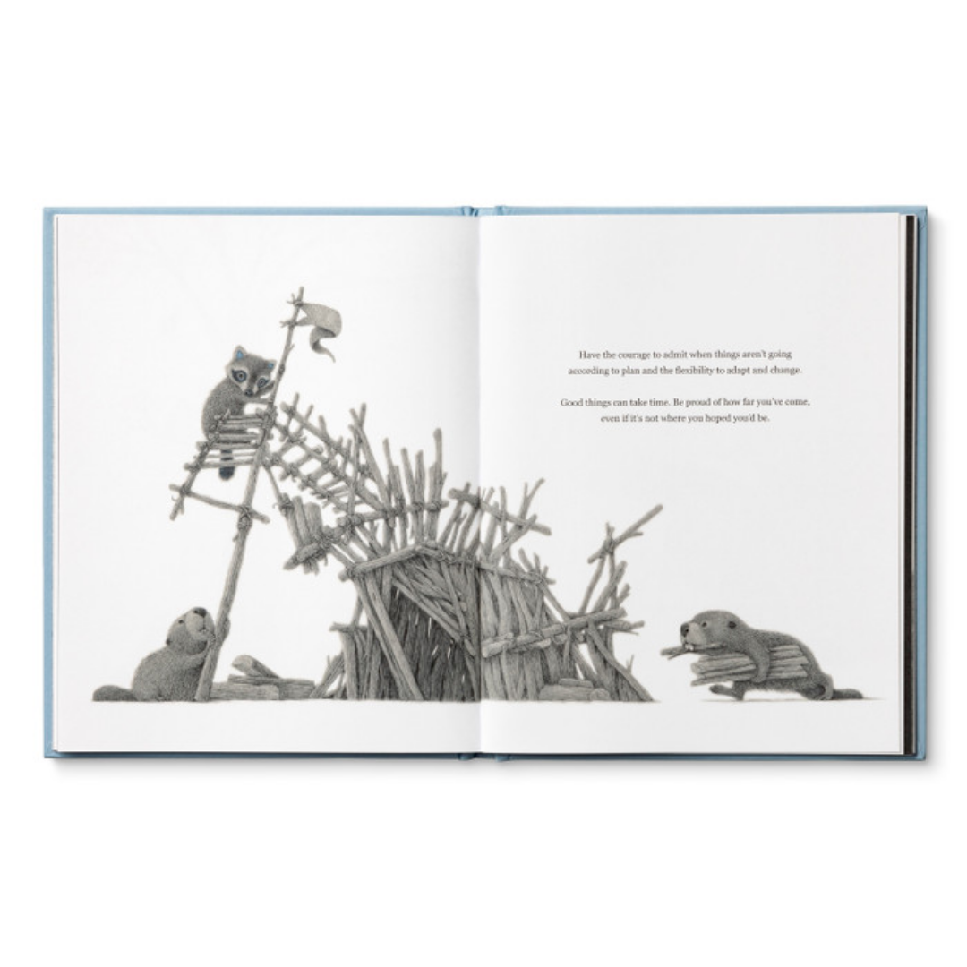 Page from "Chasing Dreams" - the raccoon helps a pair of beavers build a very elaborate dam