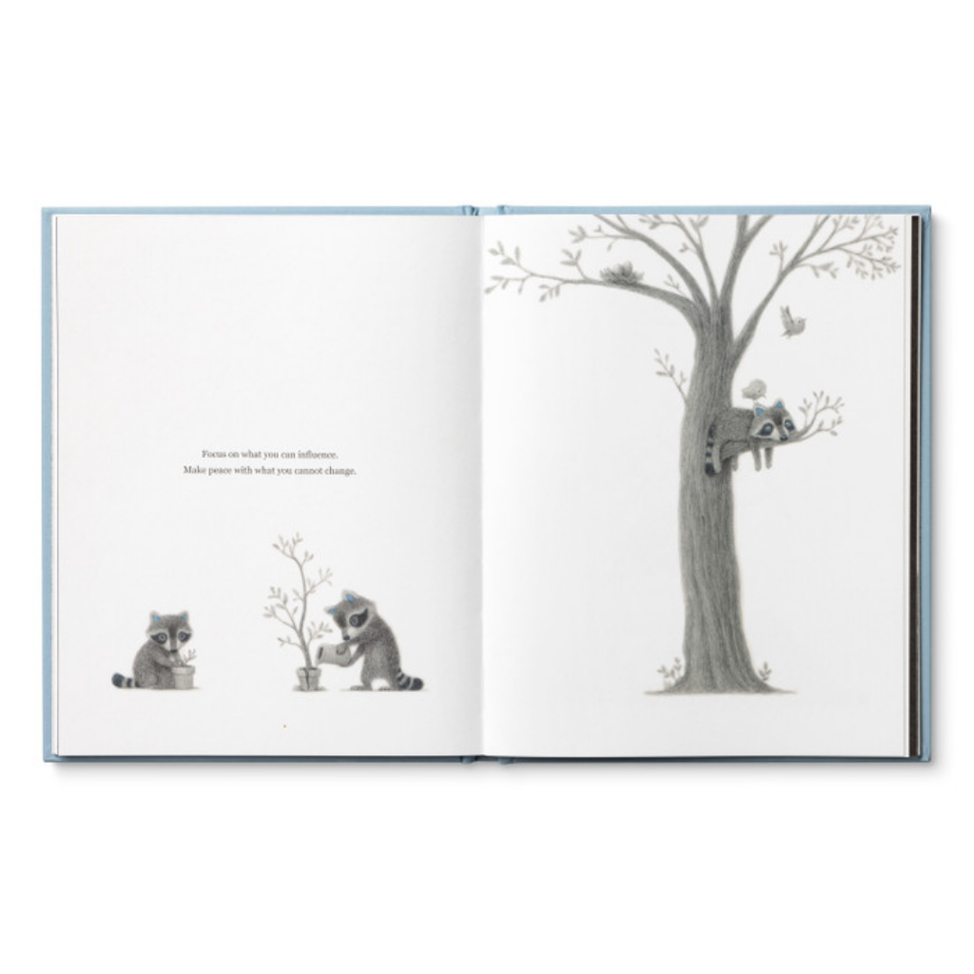 Page from "Chasing Dreams" - three time laps images of the raccoon growing a tree from seedling to tall tree. The raccoon is resting on a branch of the grown tree with a bird sitting on their back