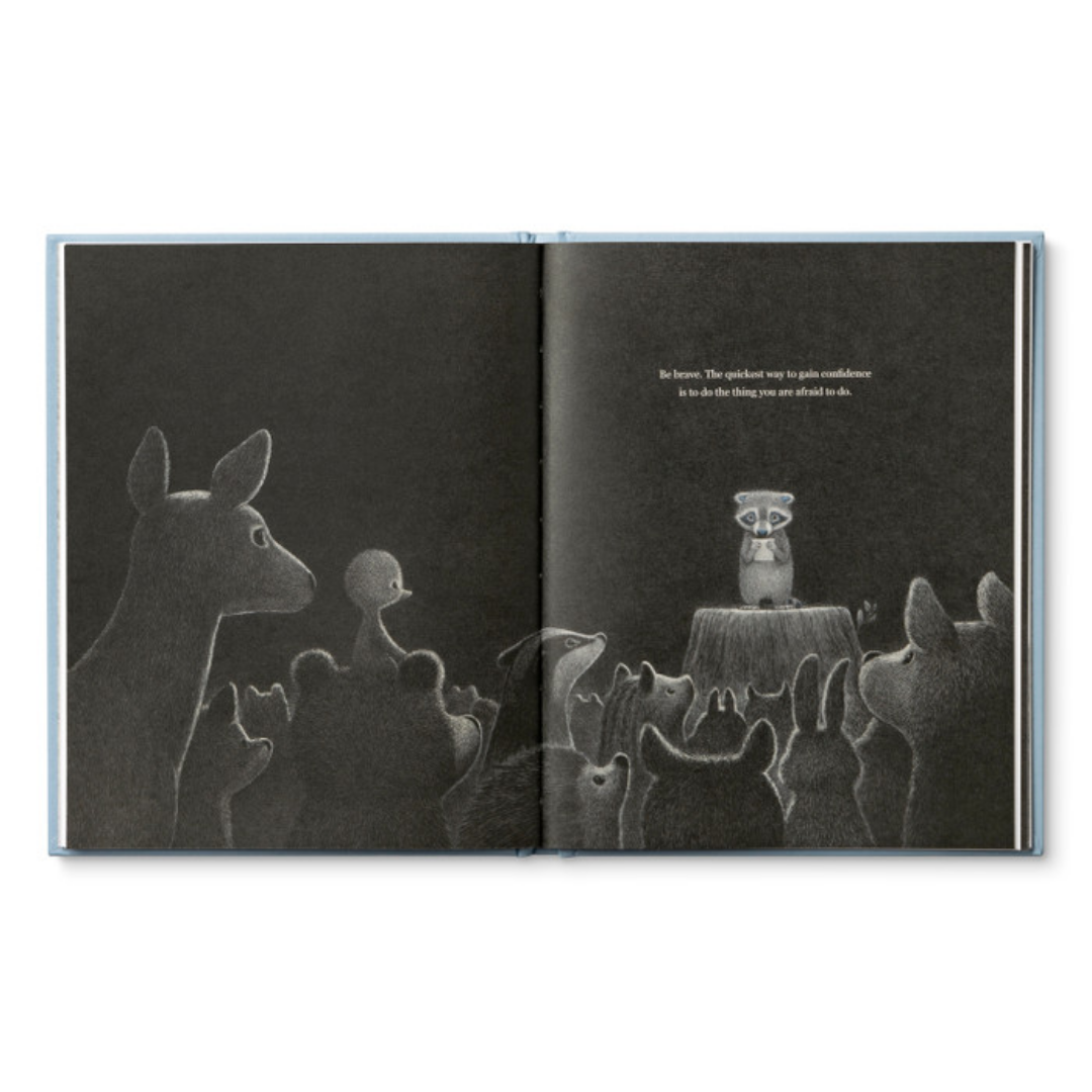 Page from "Chasing Dreams" - the raccoon stands on a tree stump in the dark reciting to a large group of animals 