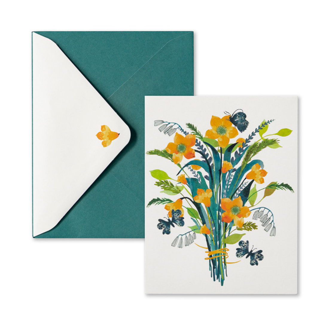 Card and envelope. The card is white and features a bouquet of orange flowers with blue and green foliage, butterflies floating about. The envelope is a deep teal green with a white flap with an orange flower at the point.