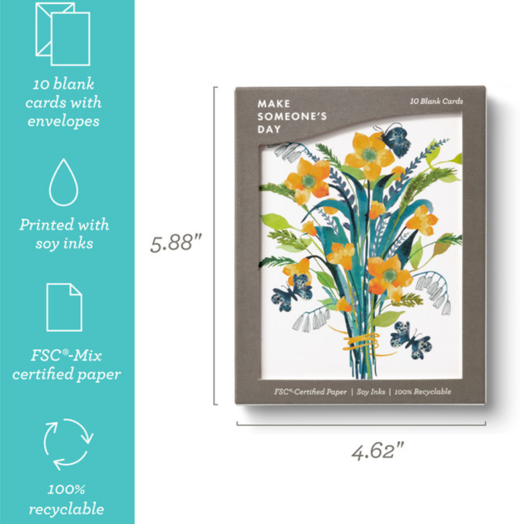 Box of cards with measurements reading 5.88" x 4.62" alongside the box is a turquoise info bar that says "10 blank cards with envelopes, printed with soy Ink, FSC-Mix certified Paper, 100% Recyclable"
