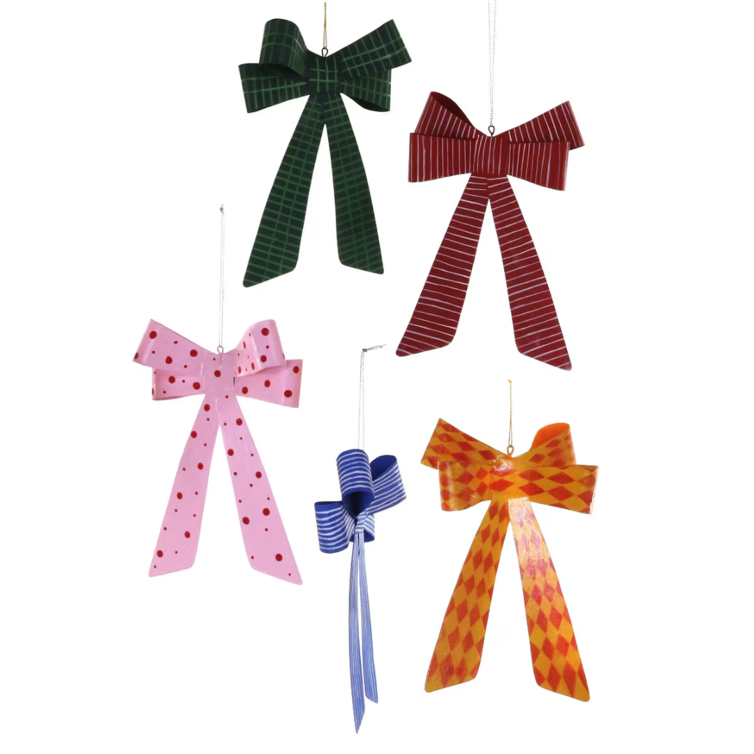 Five colorful bow-shaped ornaments, listing is for one ornament only.