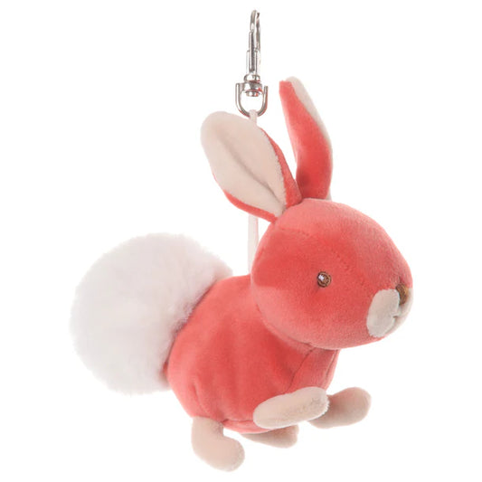 Plush rabbit bag charm keychain with a white background