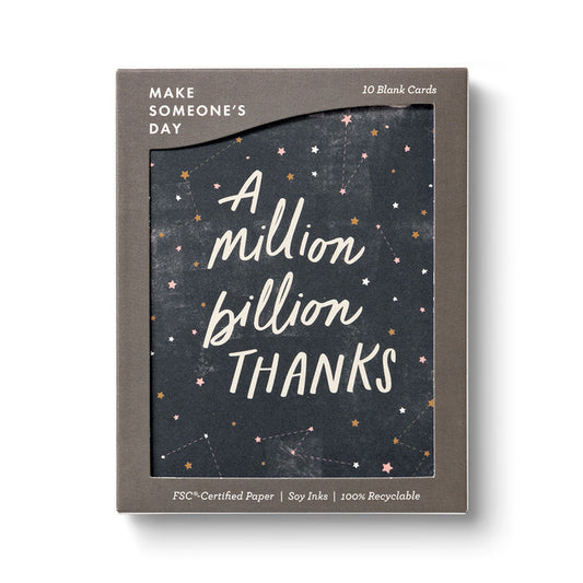 Pack of 10 blank cards with 'A million billion thanks' text on a starry night design.