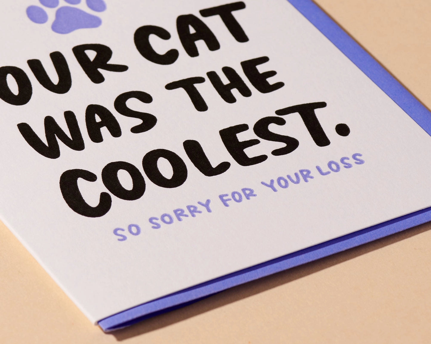 Card with text 'Our cat was the coolest. So sorry for your loss' on a beige background