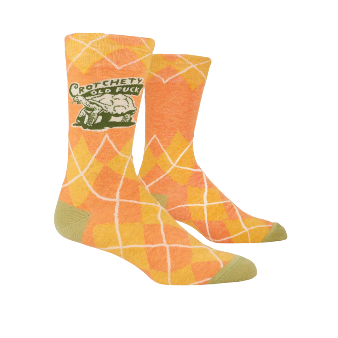 Socks with Crotchety Old Fuck text and Turtle Graphic