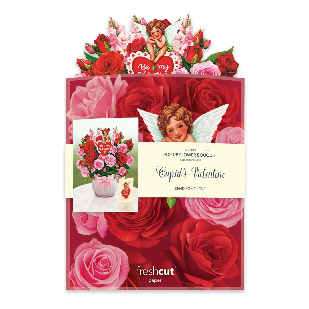 Valentine's Day-themed pop-up flower bouquet packaging with roses and Cupid design.