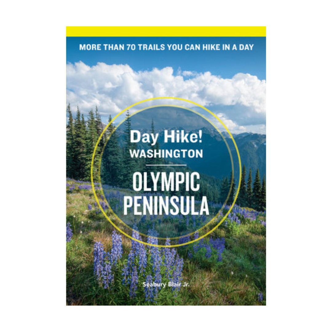 Book cover of 'Day Hike! Washington Olympic Peninsula' with a scenic view of mountains and blue sky.