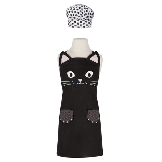 Black Cat kids Apron with a white chefs hat with little black cats on it. 