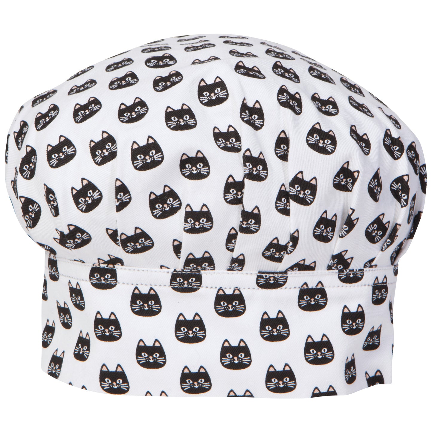 detail of chef hat that is white with little black cats