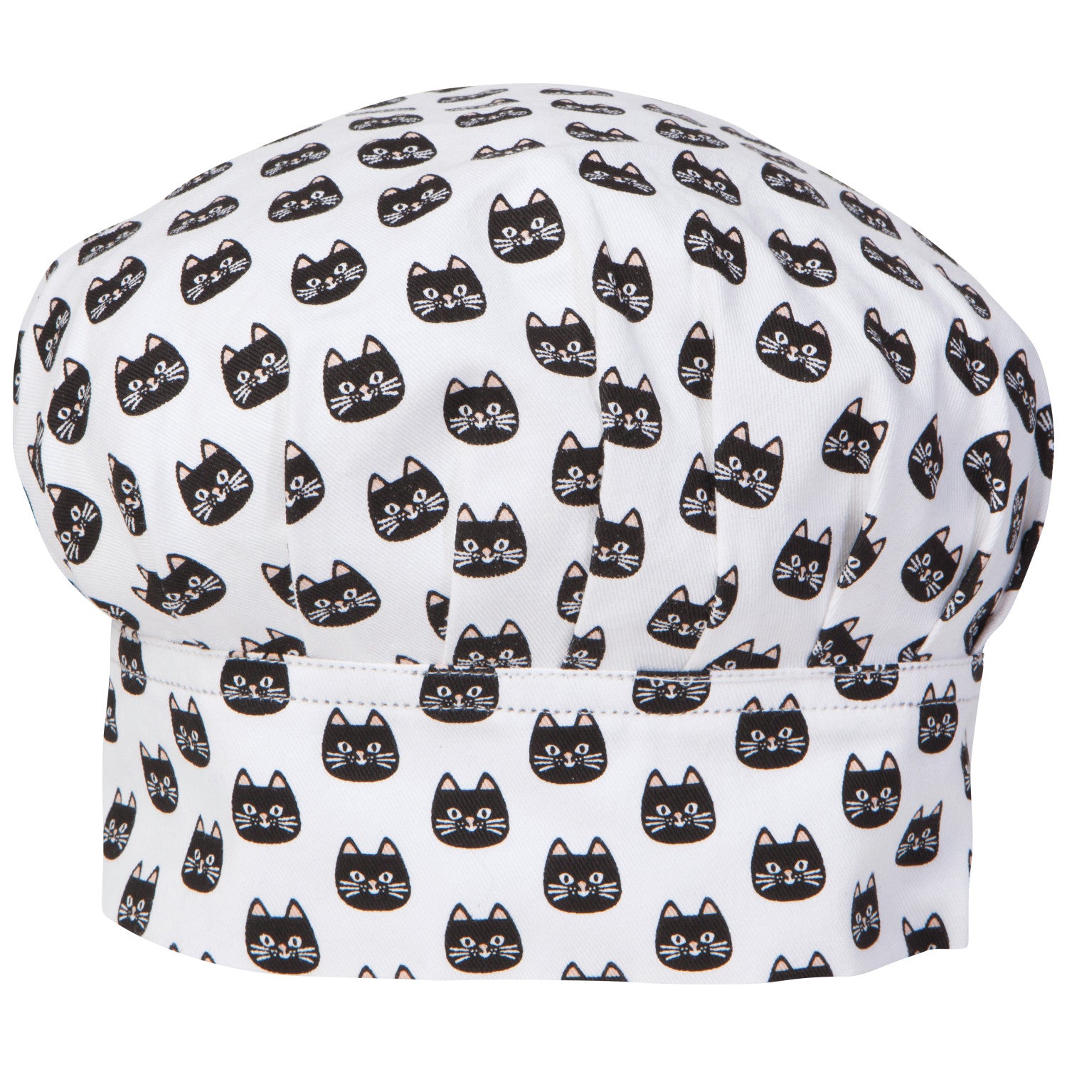 detail of chef hat that is white with little black cats